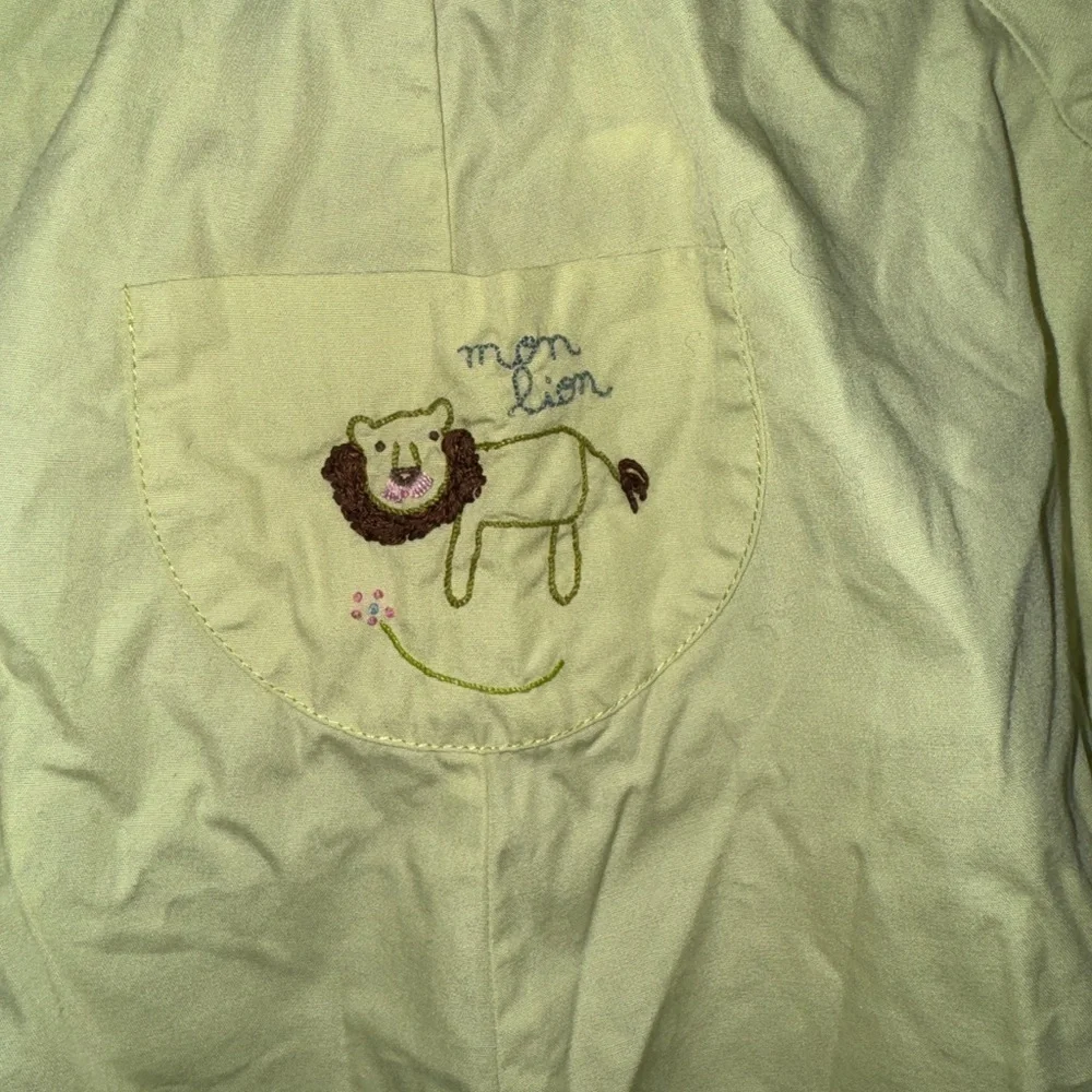 Vintage French mon lion embroidered romper coverall baby girl long sleeve lime